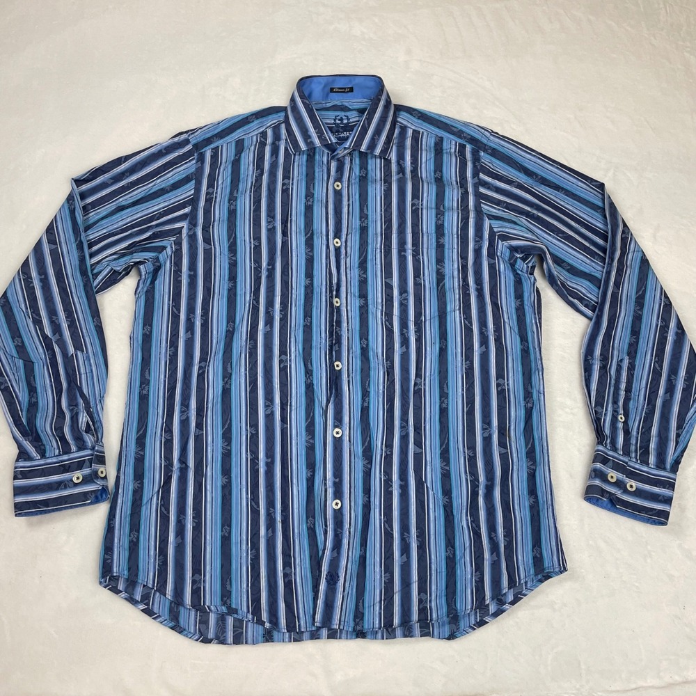 Bugatchi Uomo Shirt Cotton Men M Blue Good Striped Jacquard Floral Long Sleeve